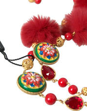 Gold Brass Red Fur Crystal Carretto Chain Necklace