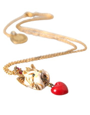 Gold Brass Chain Dog Heart Pendant Charm Necklace