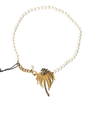 Gold Brass Crystal Pearl Tree Pendant Charm Necklace