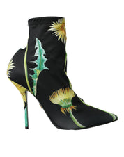 Black Floral Jersey Stretch Ankle Boots Shoes