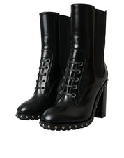 Black Leather Studded Lace Up Boots Shoes