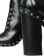 Black Leather Studded Lace Up Boots Shoes