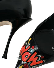 Black Leather WOW Patch Heels Pumps Shoes