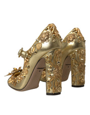 Gold Leather Crystal Mary Janes Pumps Shoes