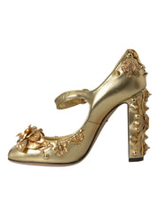 Gold Leather Crystal Mary Janes Pumps Shoes