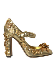 Gold Leather Crystal Mary Janes Pumps Shoes