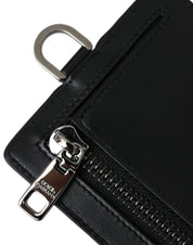 Black Calf Leather Lanyard Logo Card Holder Men Wallet