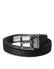 Black Jacquard Stripes Silver Metal Buckle Belt