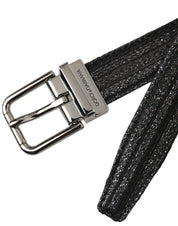 Black Jacquard Stripes Silver Metal Buckle Belt