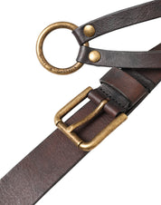 Dark Brown Leather Gold Metal Buckle Women Belt