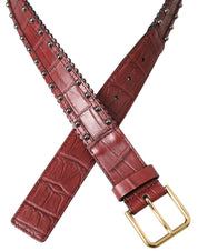 Brown Alligator Leather Studded Metal Buckle Belt