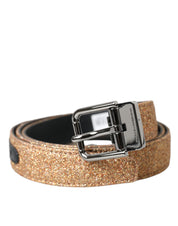 Gold Glitter Leather Silver Metal Buckle Belt