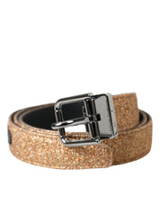 Gold Glitter Leather Silver Metal Buckle Belt