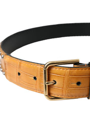 Beige Alligator Leather Studded Metal Buckle Belt