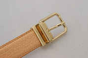 Beige Exotic Leather Gold Metal Buckle Belt