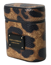 Brown Leopard Calf Leather Metal Logo Plaque Airpods Case