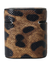 Brown Leopard Calf Leather Metal Logo Plaque Airpods Case