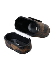 Brown Leopard Calf Leather Metal Logo Plaque Airpods Case