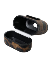 Brown Leopard Calf Leather Metal Logo Plaque Airpods Case