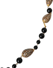 Gold Tone Brass Black Printed Beaded Long Chain Necklace