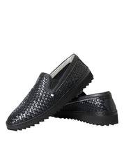 Black Woven Buffalo Leather Men Loafers Shoes