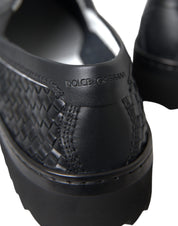 Black Woven Buffalo Leather Men Loafers Shoes