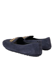 Blue Leather Suede Crystal Crown Loafers Shoes