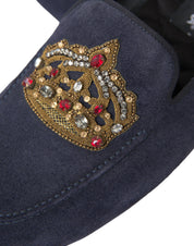Blue Leather Suede Crystal Crown Loafers Shoes