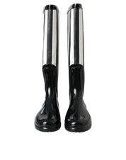Black Rubber Knee High Flat Boots Shoes