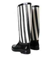Black Rubber Knee High Flat Boots Shoes