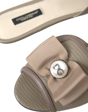 Beige Logo Pearl Flats Sandals Slides Shoes