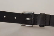 Black Calf Leather Classic Metal Logo Buckle Belt