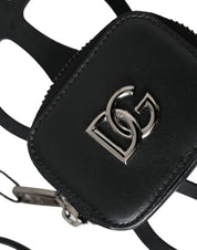 Black Calfskin Leather DG Logo Coin Purse Lanyard Wallet