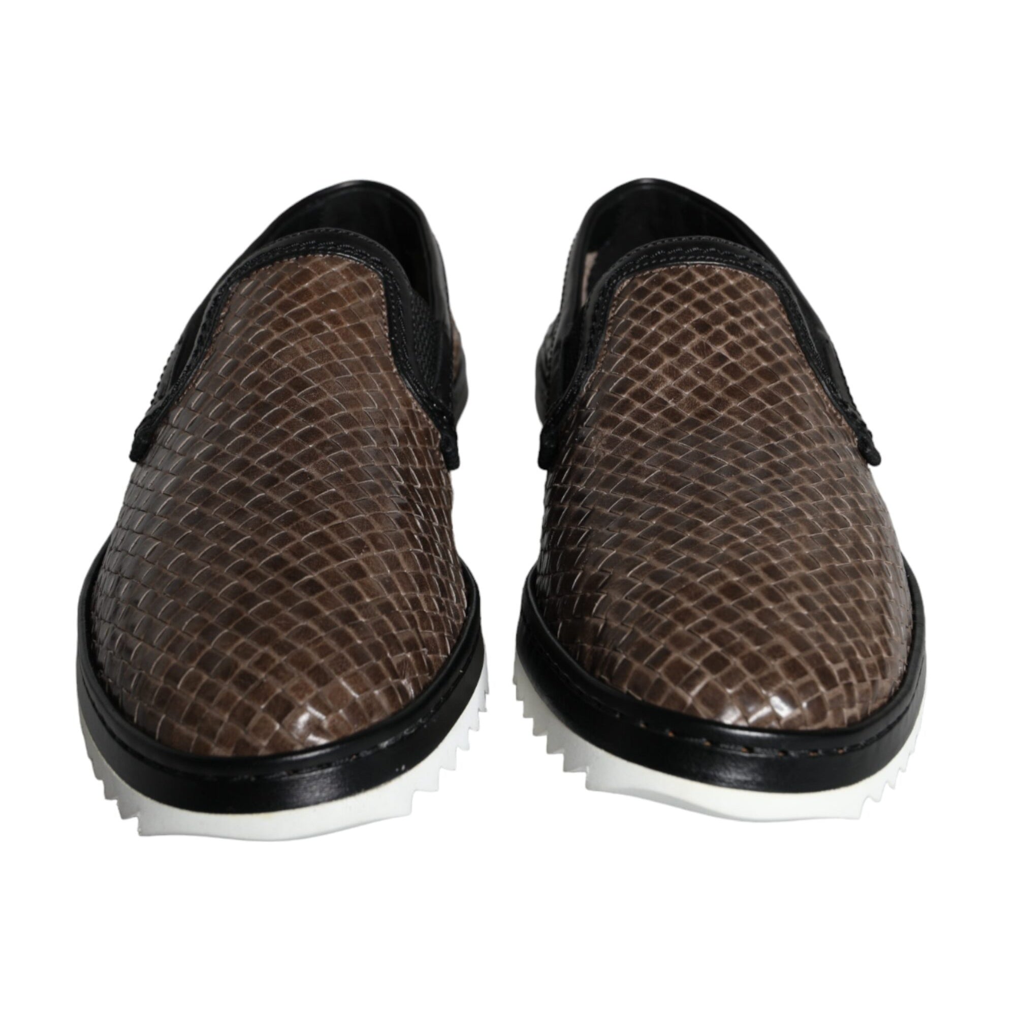 Dolce & Gabbana Brown Black Leather Weaved Men Loafers Shoes Dolce & Gabbana