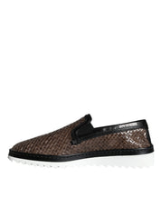 Brown Black Leather Weaved Men Loafers Shoes