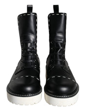 Black Leather Combat Mid Calf Boots Shoes