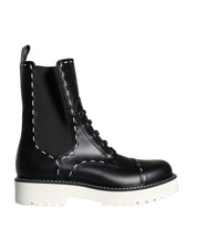 Black Leather Combat Mid Calf Boots Shoes