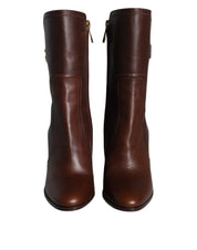 Brown Leather Heels Mid Calf Boots Shoes