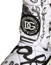 White Padded Logo Print Mid Calf Boots Shoes