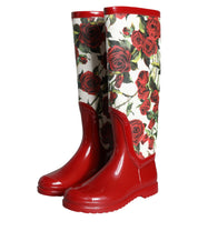 Red Floral Rubber Knee High Flat Boots Shoes