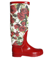 Red Floral Rubber Knee High Flat Boots Shoes
