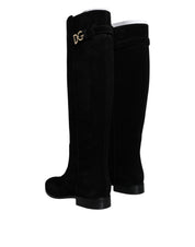 Black Suede Leather Knee High Boots Shoes