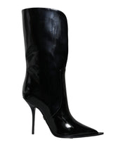 Black Patent Leather Mid Calf Boots Shoes