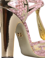 Pink Gold Leather Pumps T-strap Sandals Shoes