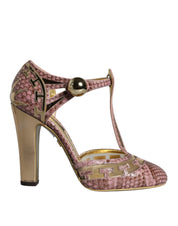 Pink Gold Leather Pumps T-strap Sandals Shoes