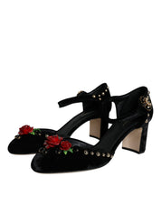 Black Velvet Roses Ankle Strap Pumps Shoes