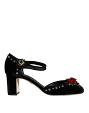 Black Velvet Roses Ankle Strap Pumps Shoes