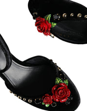 Black Velvet Roses Ankle Strap Pumps Shoes