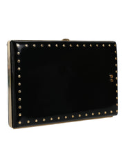 Black Leather Studs Gold Frame Clutch Evening Purse Bag