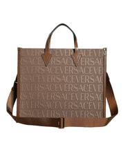 Brown Top Handle Jacquard Leather Logo Crossbody Tote Bag